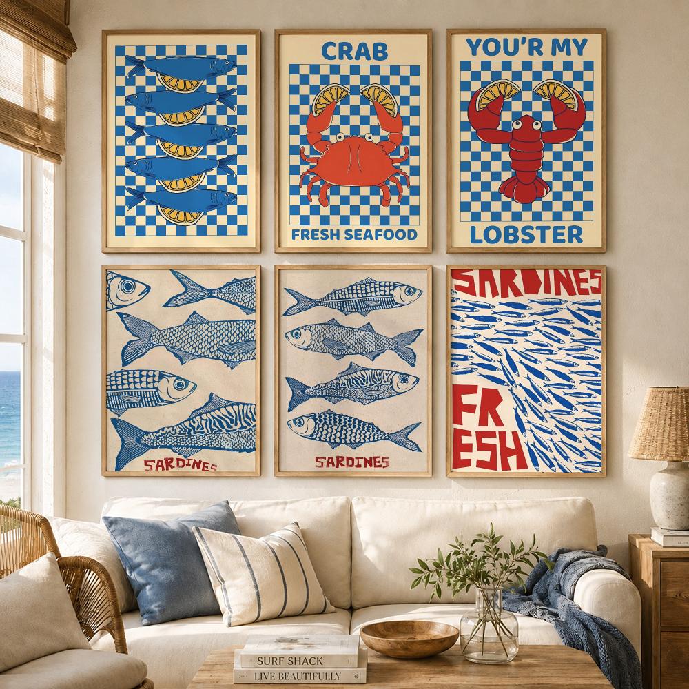 Vintage Fashion Prints For Wall - 재미있는 정어리 추상화 캘리그래피 캔버스 포스터,