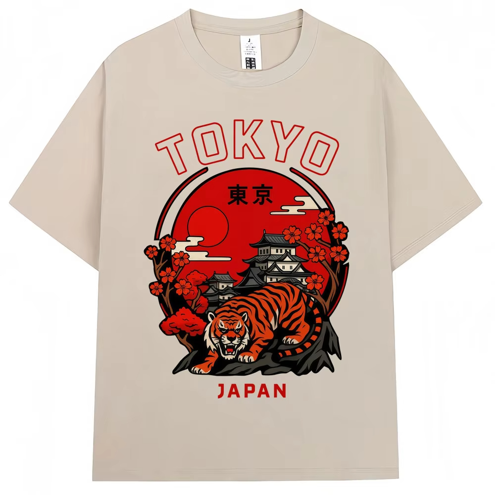 Vintage Fashion Tokyo - 일본식 도쿄 타이거 사쿠라 그래픽 티셔츠