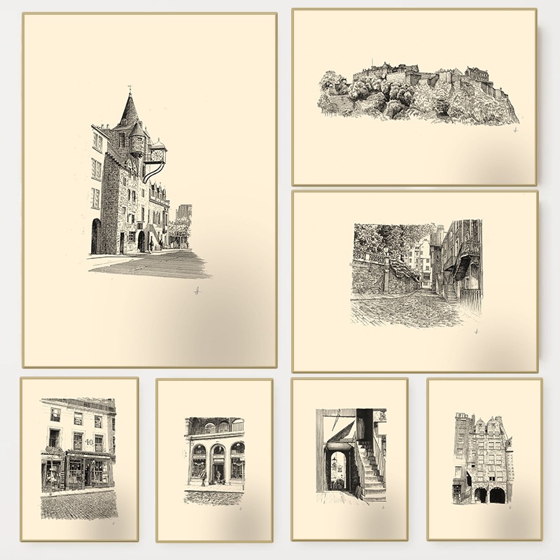 Vintage Fashion Wall Art - 빈티지 에든버러 성 펜 잉크 드로잉