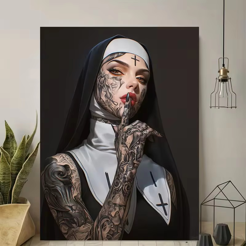 세련된 스타일의 여성, 문신, 수녀, 캔버스 포스터,  - Vintage Fashion Wall Art 리뷰 및 가격