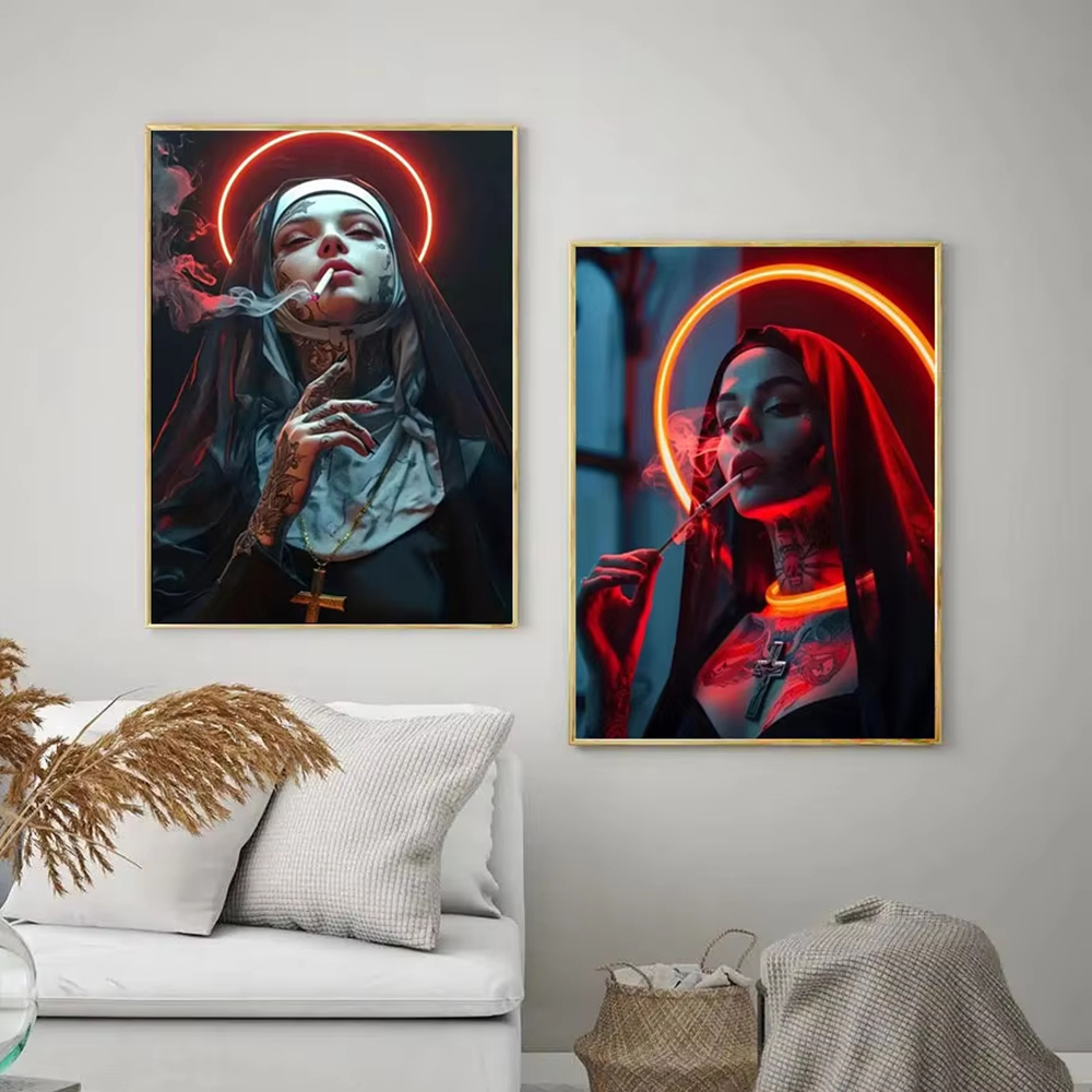 세련된 스타일의 여성, 문신, 수녀, 캔버스 포스터,  - Vintage Fashion Wall Art 리뷰 및 가격