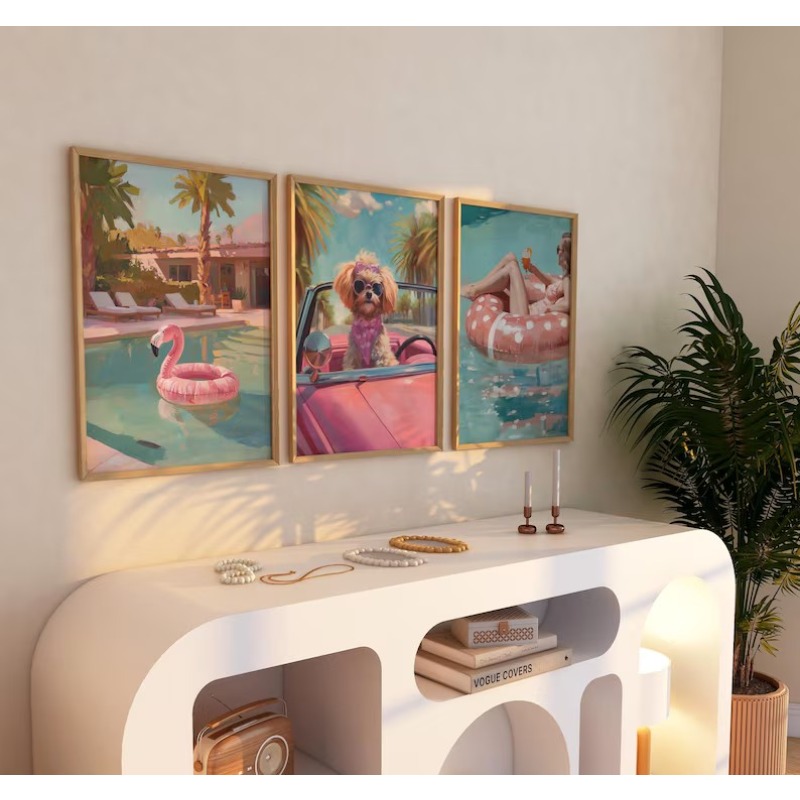 빈티지 걸리 여름 수영장 파티 포스터 팜 비치 핑크 청 - Vintage Fashion Wall Art 리뷰 및 가격