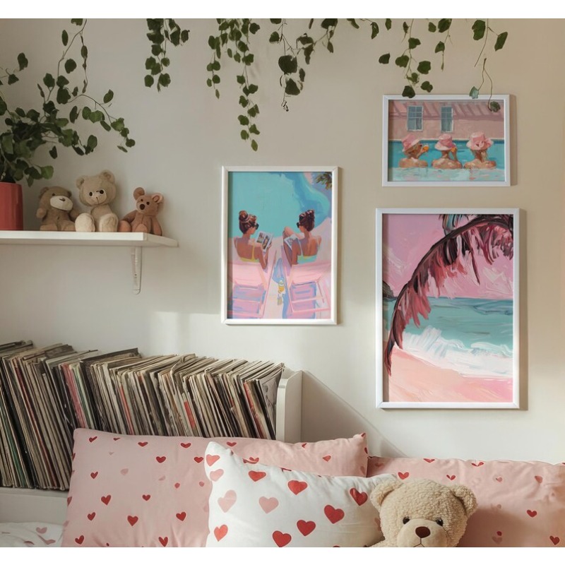 빈티지 걸리 여름 수영장 파티 포스터 팜 비치 핑크 청 - Vintage Fashion Wall Art 리뷰 및 가격