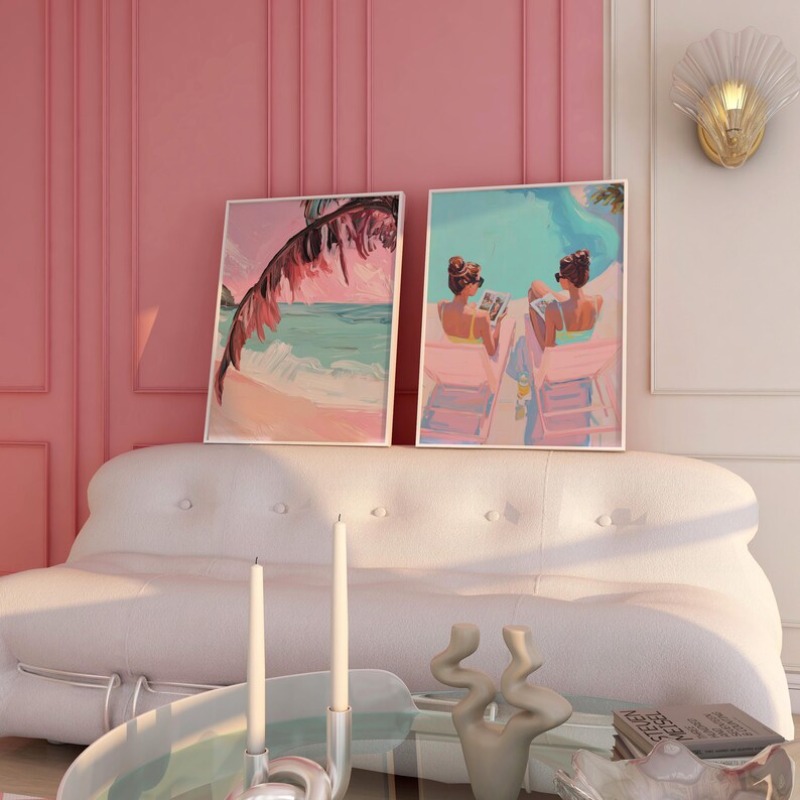 빈티지 걸리 여름 수영장 파티 포스터 팜 비치 핑크 청 - Vintage Fashion Wall Art 리뷰 및 가격